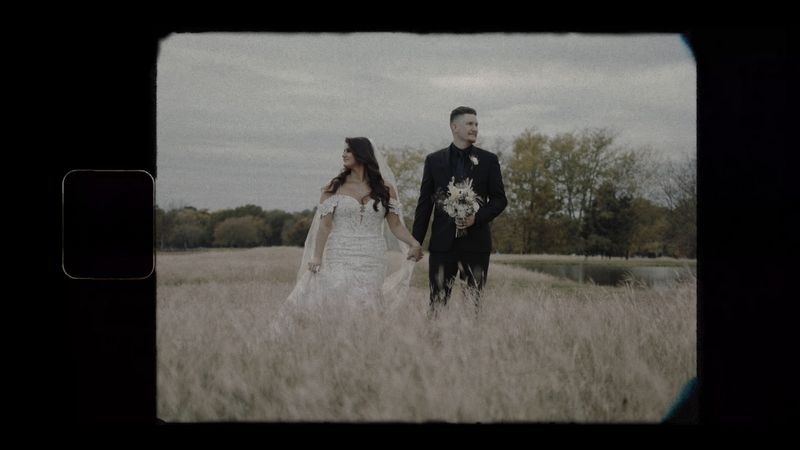 Bride and groom walking through a Texas field at sunset