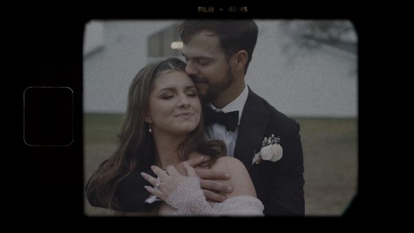 Cinematic vintage film portrait of bride and groom